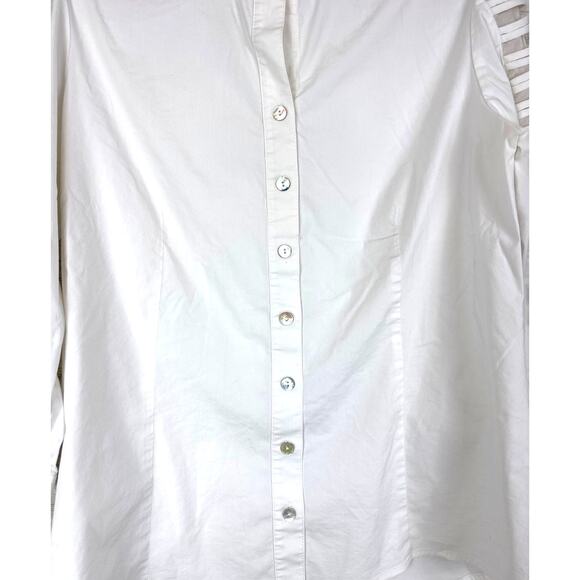 Finley Women’s M Top White 3/4 Sheer Sleeve Button-up collared Blouse Stretch - Picture 5 of 5